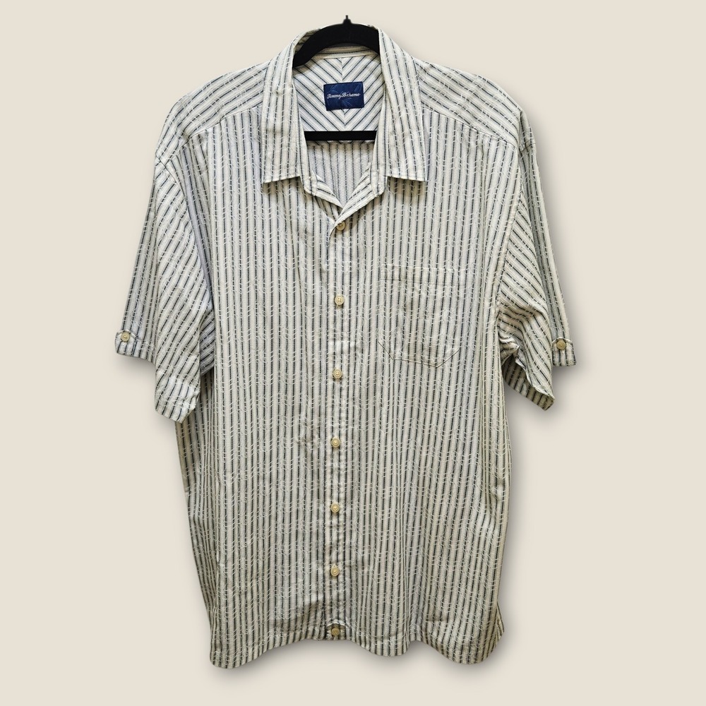 Tommy Bahama XL Mens Silk Cotton Striped Button Down‎ Short Sleeve Shirt Resort